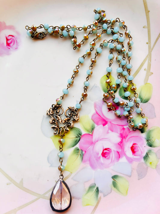 Soldered Crystal Drop Rosary Style Beaded Chain Necklace