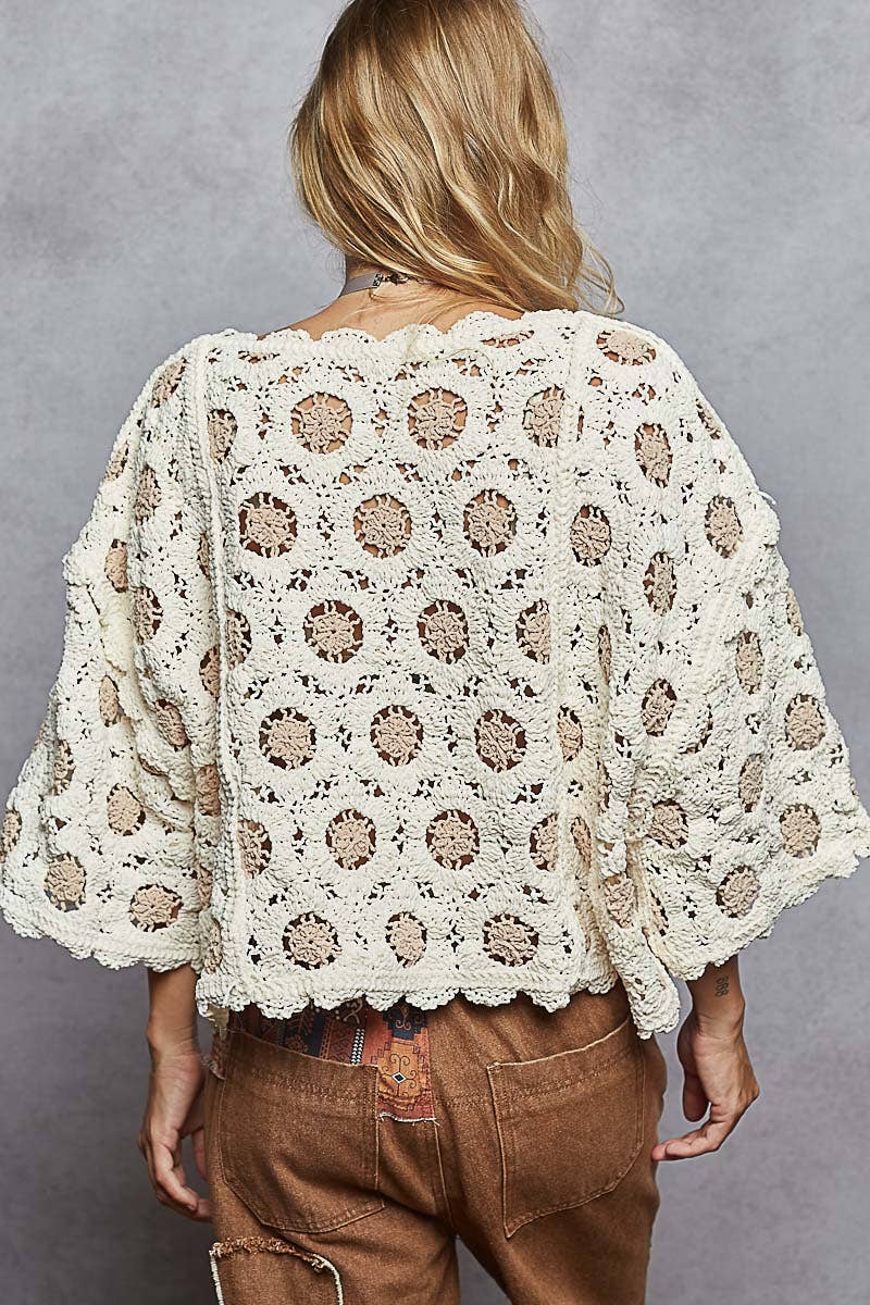 Round neck 3/4 sleeve cropped crochet top
