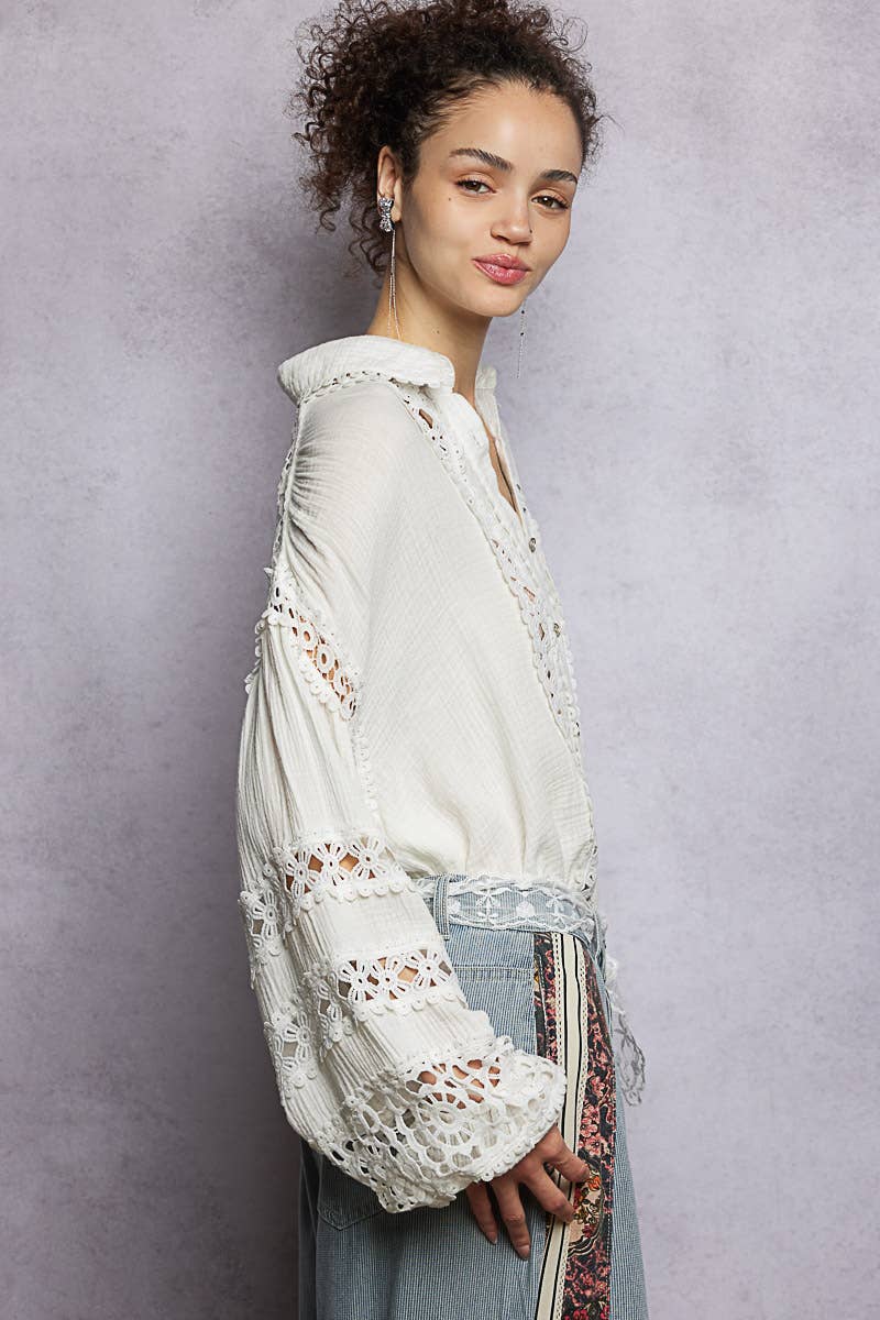 Collar neck balloon sleeve double gauze shirt top