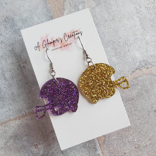 Purple & Gold Glitter Acrylic Football Helmet Earrings