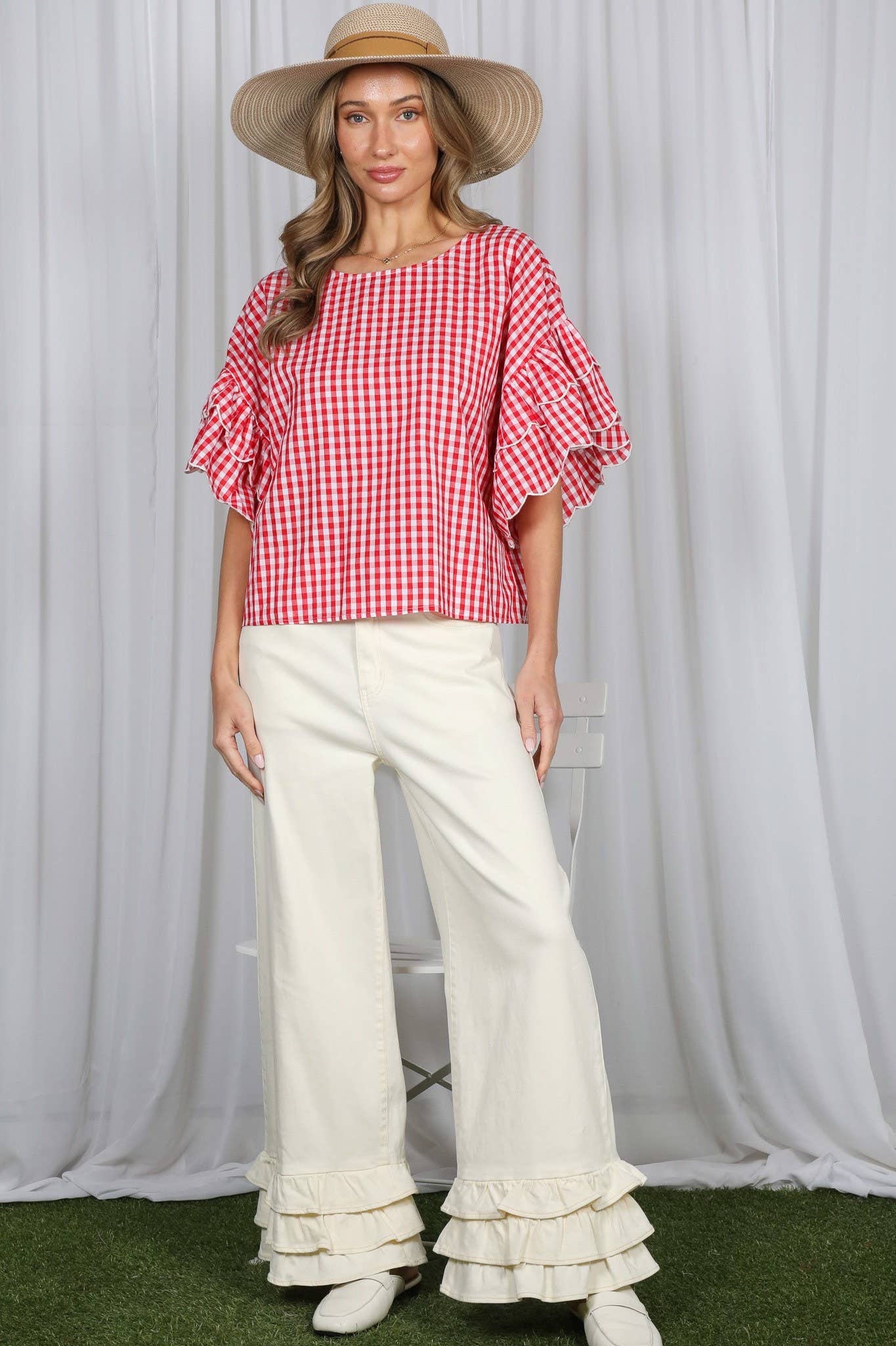 Charming Gingham Scallop Edge Wild Ruffle Cotton Top VT83548