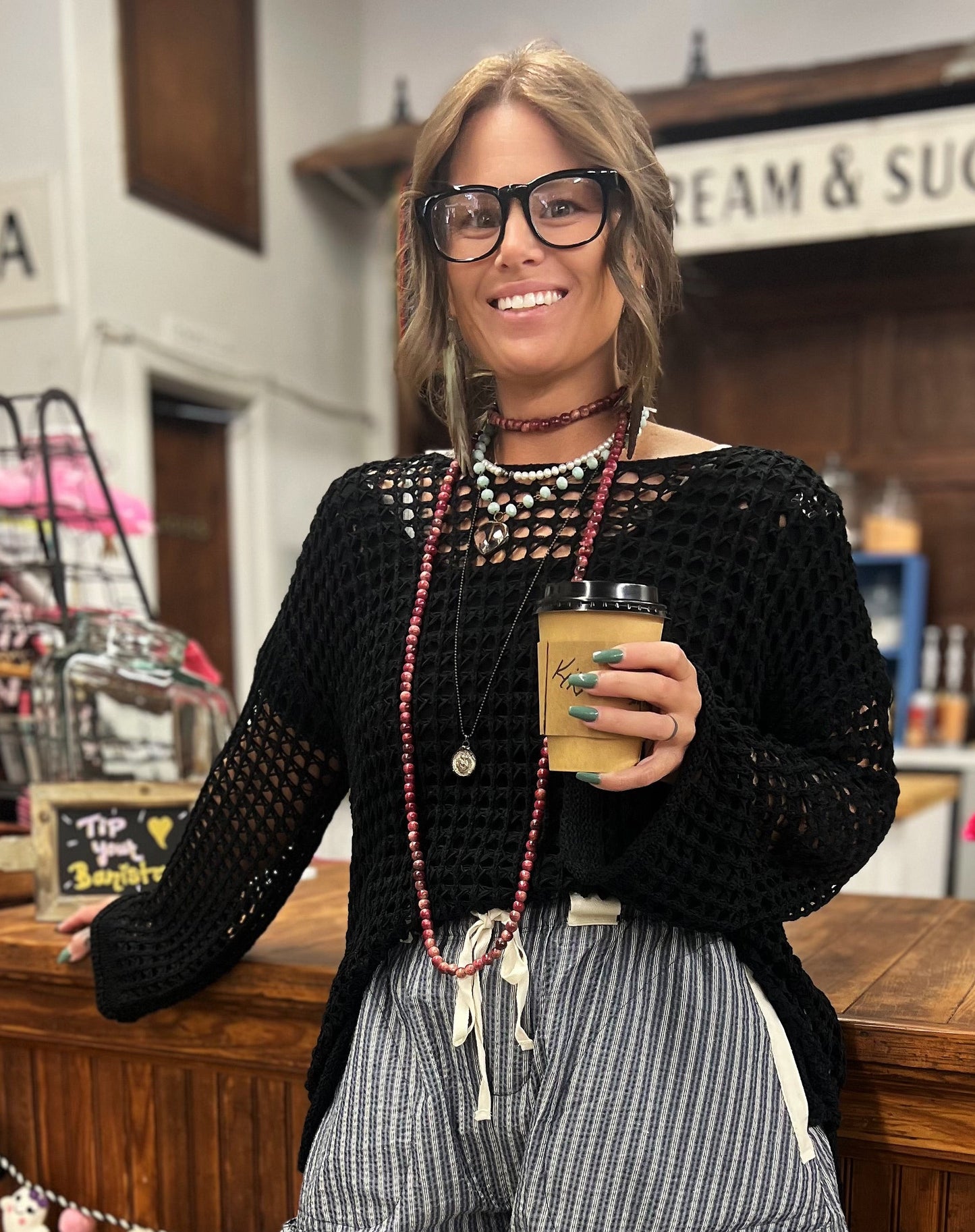 Dropped Shoulder Open Knit Boat Neck Sweater Top SALE