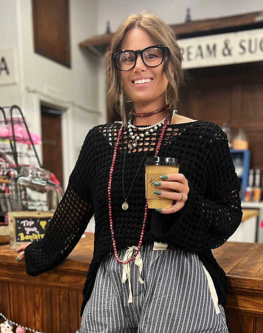 Dropped Shoulder Open Knit Boat Neck Sweater Top SALE