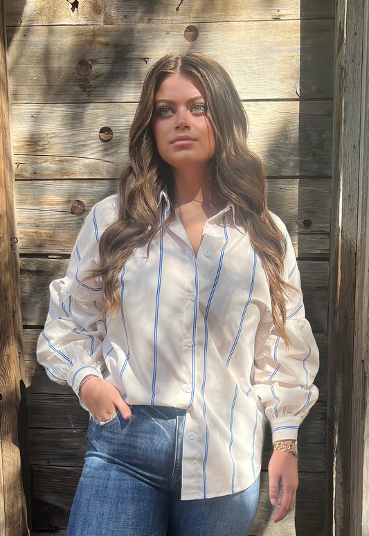 Sky Blue Stripe Drop Shoulder Bubble Sleeve Loose Shirt