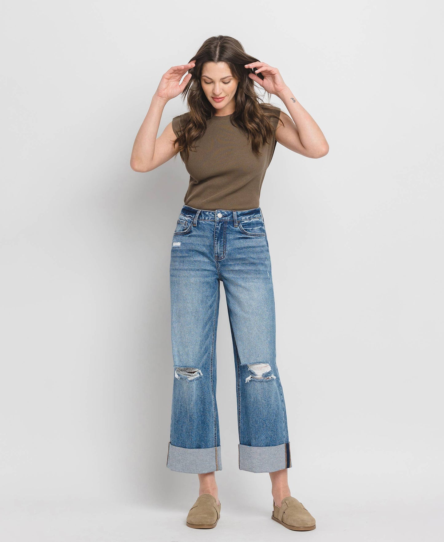 SUPER HIGH RISE DOUBLE CUFFED BAGGY WIDE JEANS LV1459