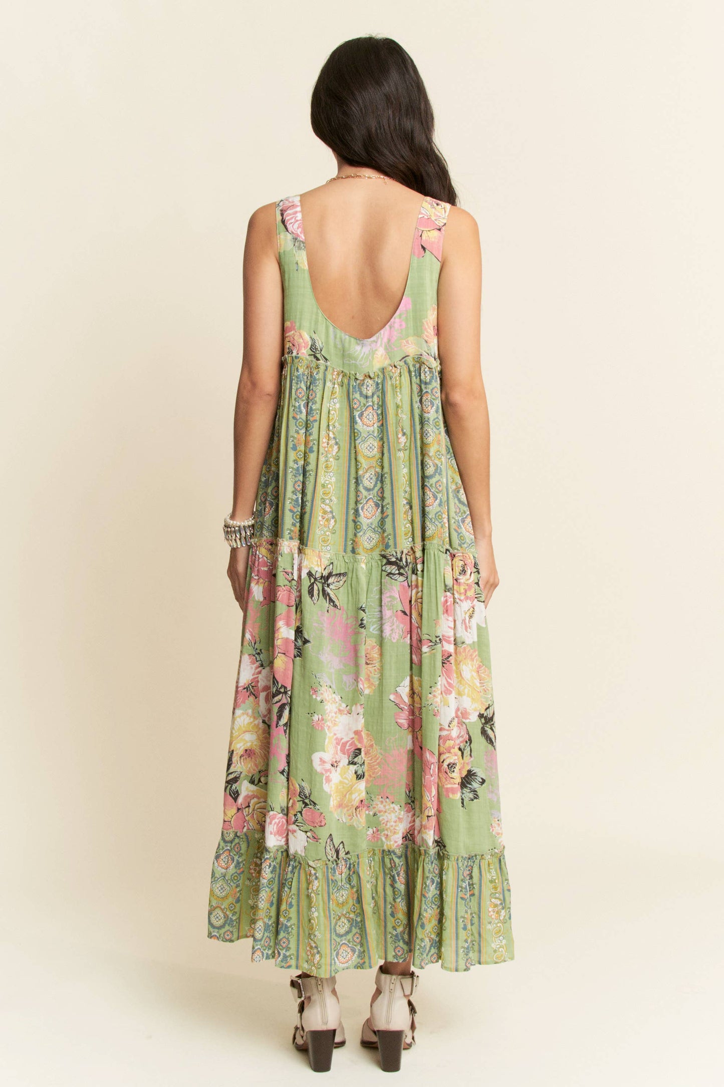 FLORAL BOHO STRIPE MIXED FULL SKIRT MIXI DRESS