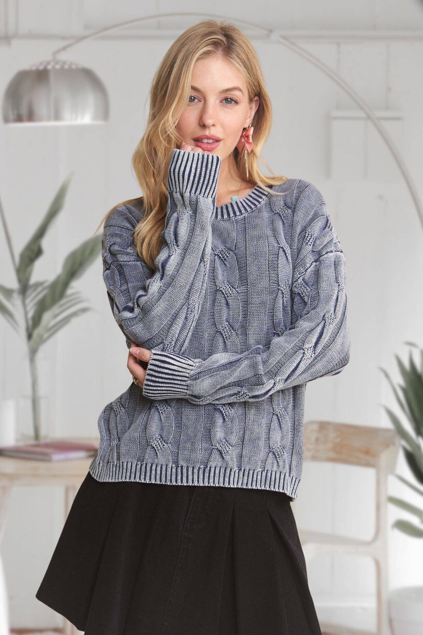 MINERAL WASHED CABLE KNIT SWEATER TOP