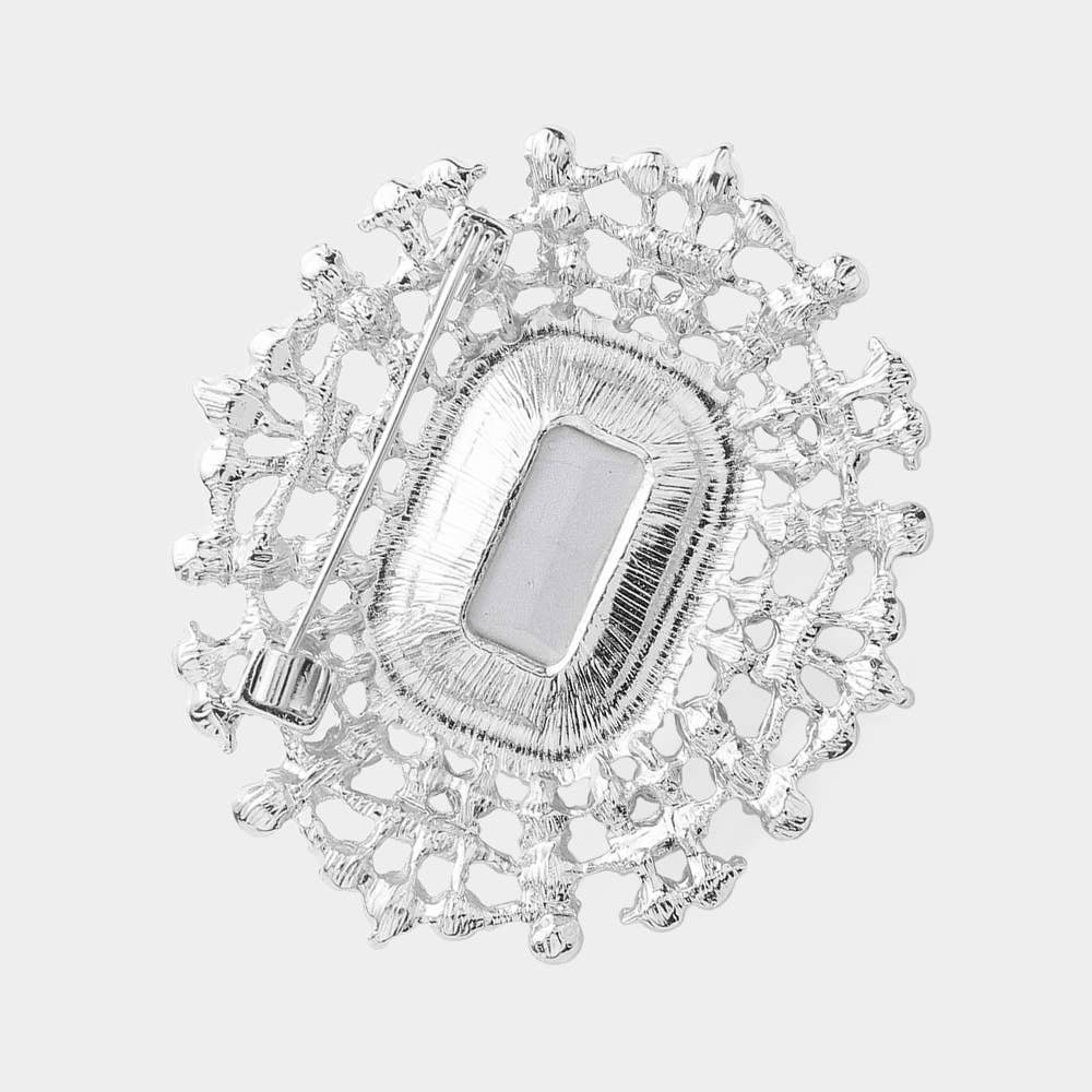 Rectangle Glass Stone Pointed Pearl Embellished Pin Brooch