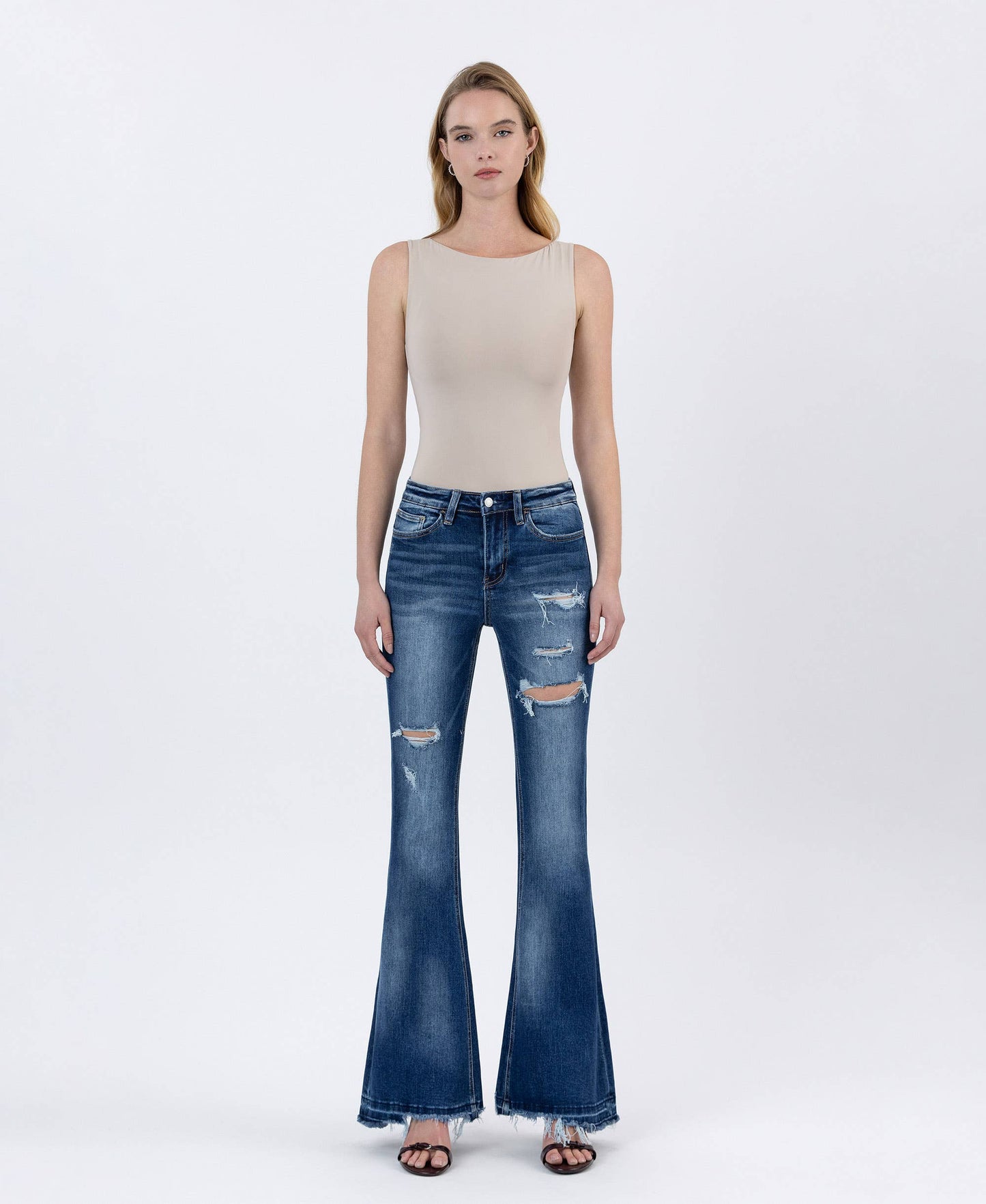 HIGH RISE DISTRESSED FLARE JEANS T5421