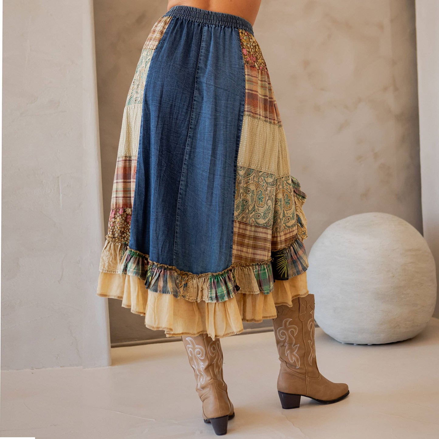 Western Boho Chic: Patchwork Midi Skirt