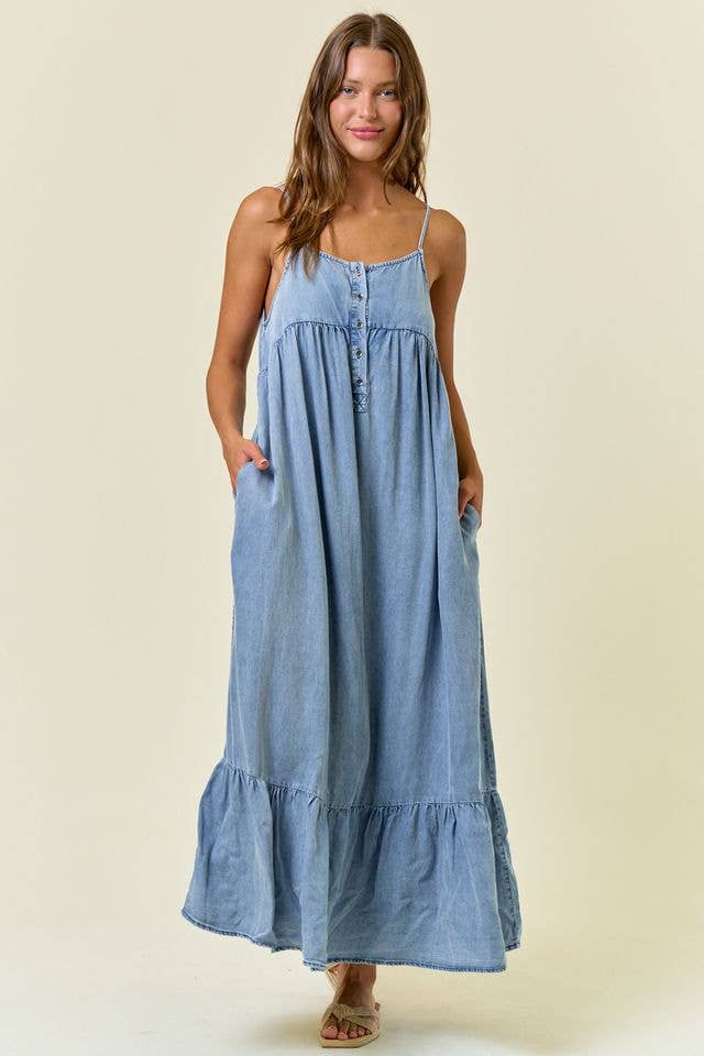 Tencel Chambray Tiered Ruffled Skirt Midi Dress -