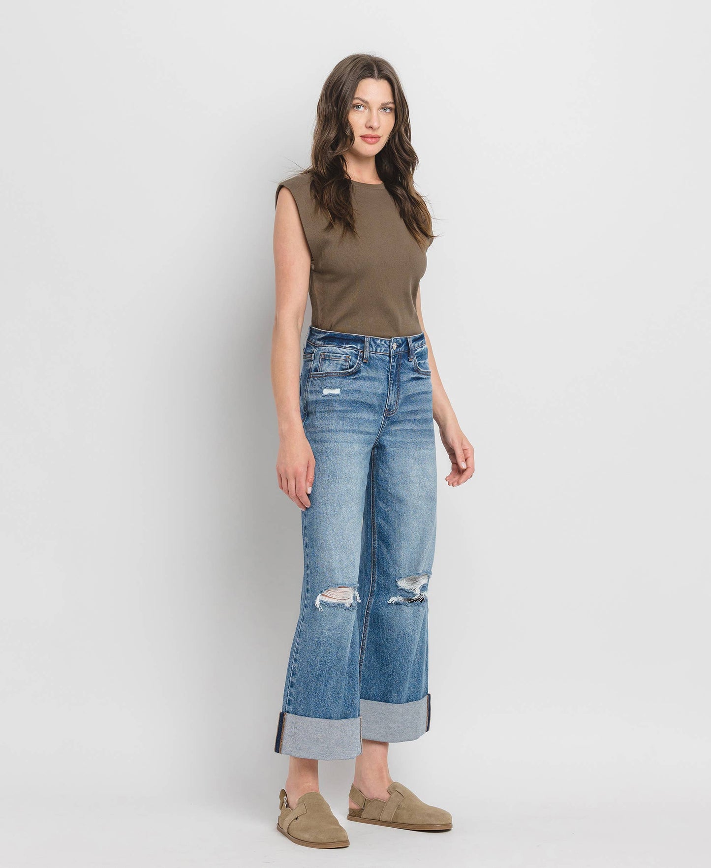 SUPER HIGH RISE DOUBLE CUFFED BAGGY WIDE JEANS LV1459