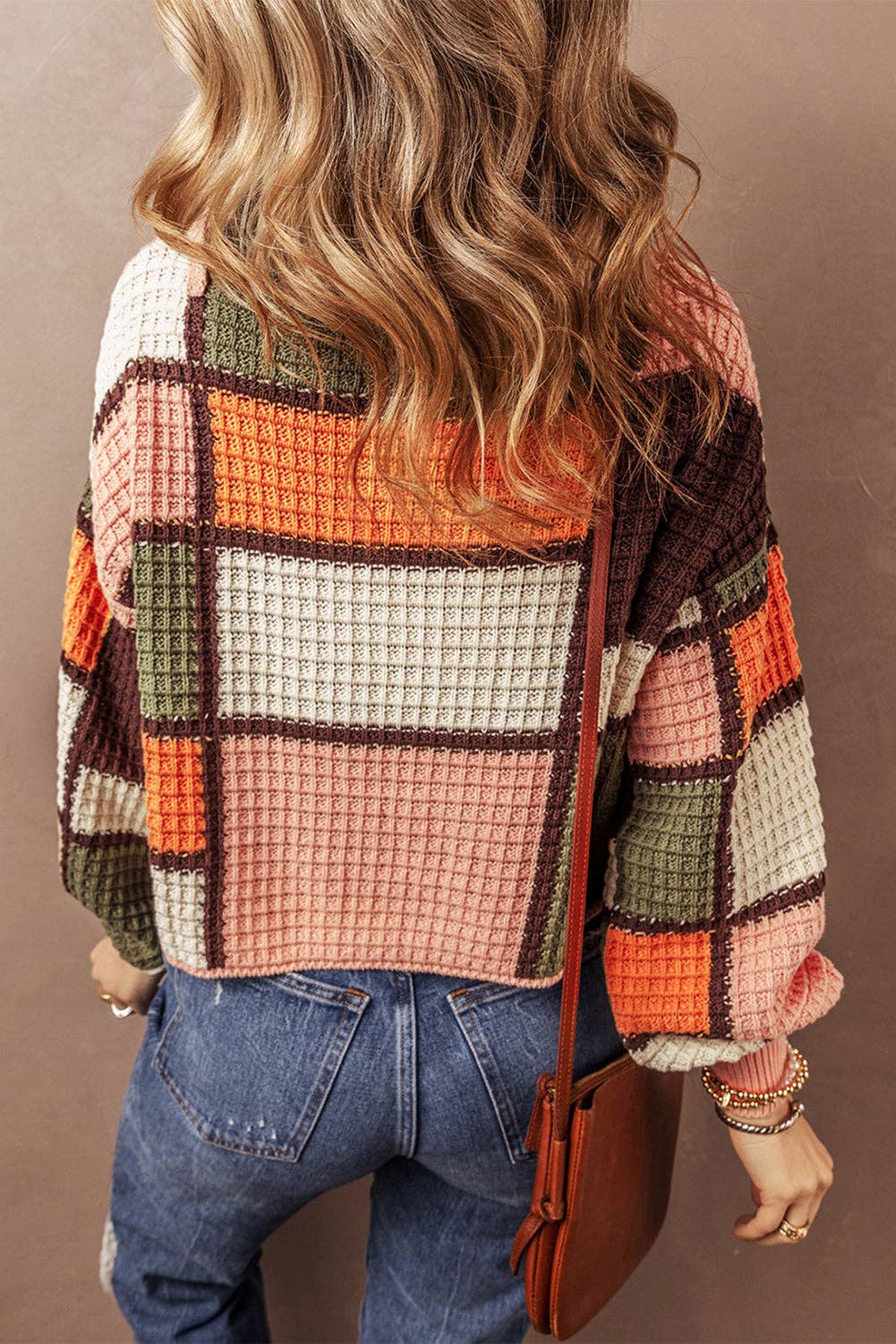 Colorblock Waffle Knit Cowl Sweater