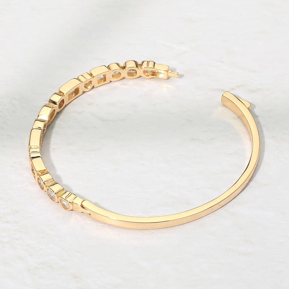 14K Gold Plated Mixed Shaped CZ Bezel Around Hinged Bangle Bracelet