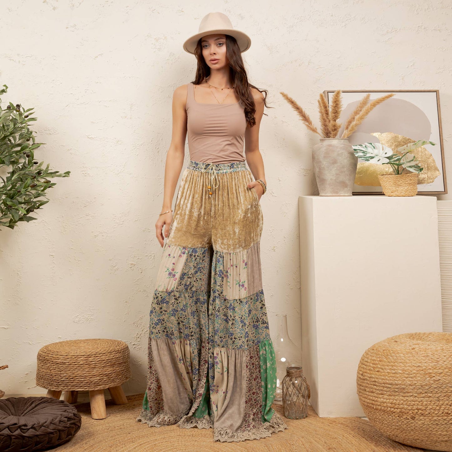Boho Tiered Patchwork Flare Pant Velvet Drawstring Waist NEW