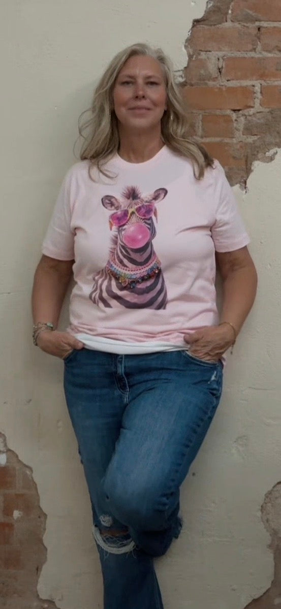 Jeweled Collar Bubble Gum Zebra on Light Pink Crew