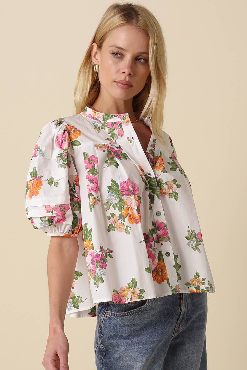 Megan Floral Puff-Sleeve Blouse