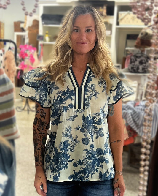 V-Neck Flutter Sleeve Top, Blue Floral
