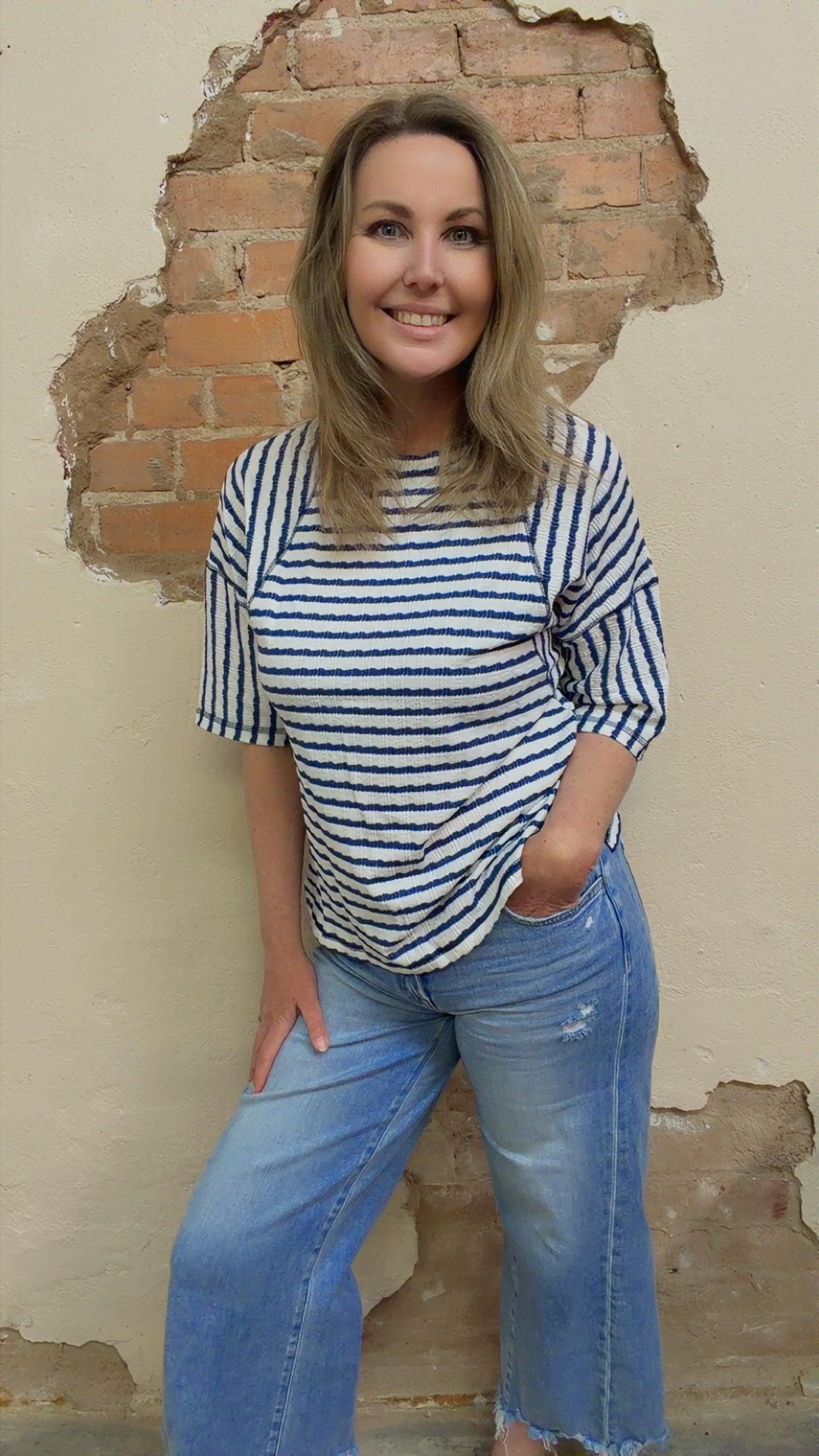 Noelle Textured Knit Top | Blue Stripe Tee | Split Hem