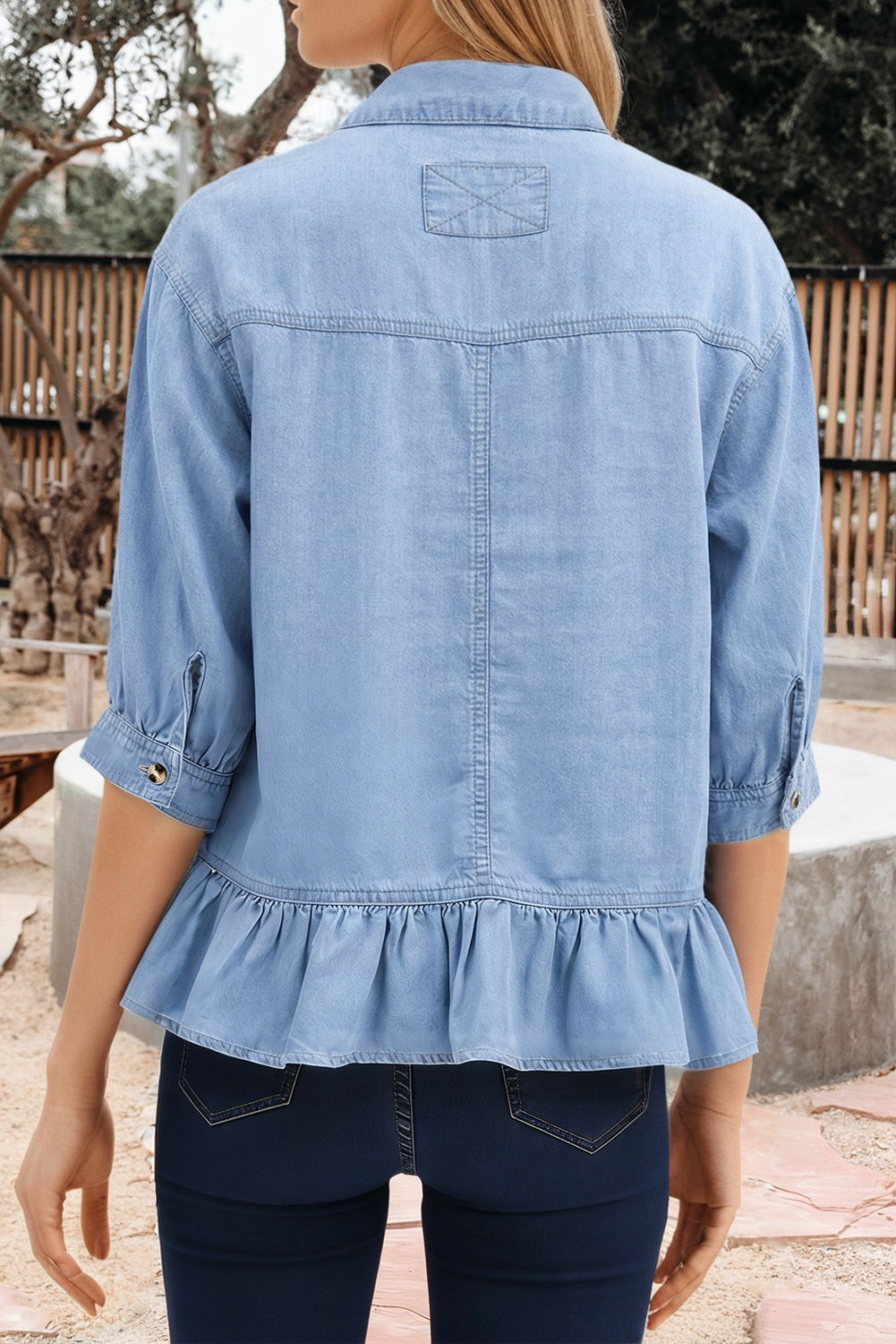 Half Sleeve Button Down High Low Chambray Shirt (S-XL)