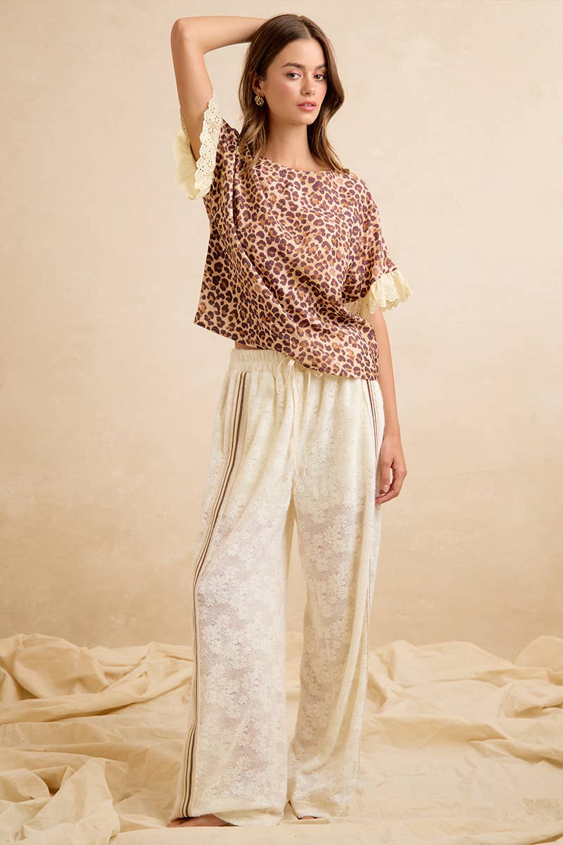 FLOWER LACE PANTS SIDE STRIPE TRIM WITH SHORTS LINING