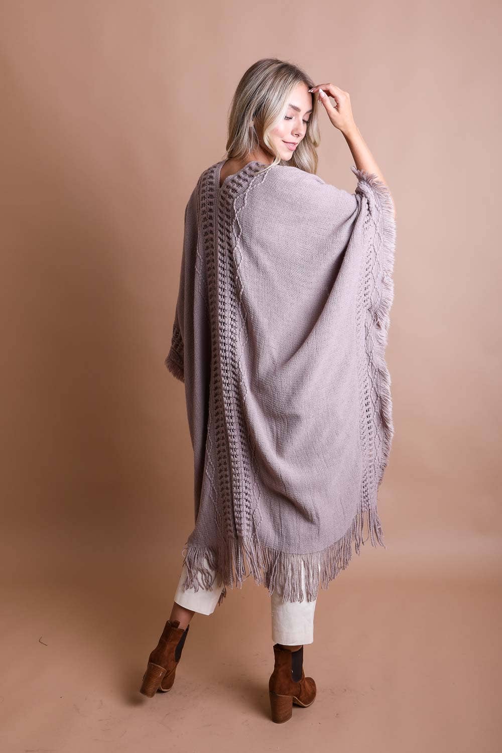 Open Work Frayed Border Bohemian Ruana grey