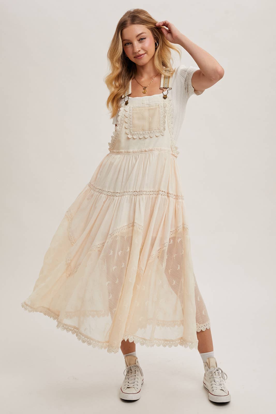 LACE EMBROIDERED TULLE BIB MAXI DRESS