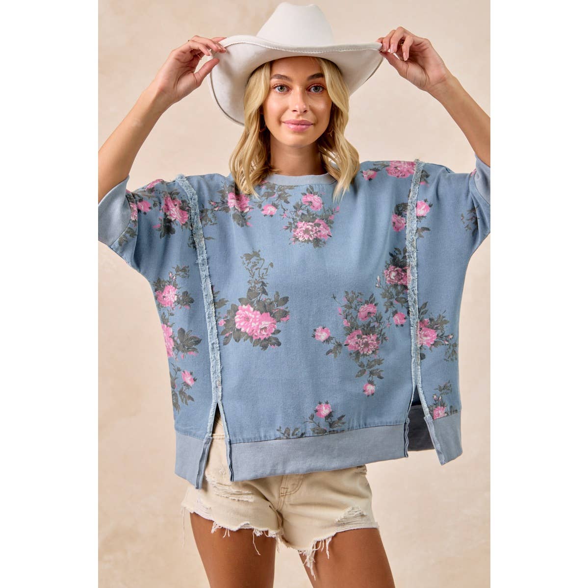 FLOWER PRINTED DENIM OPENSEAM DETAIL TOP