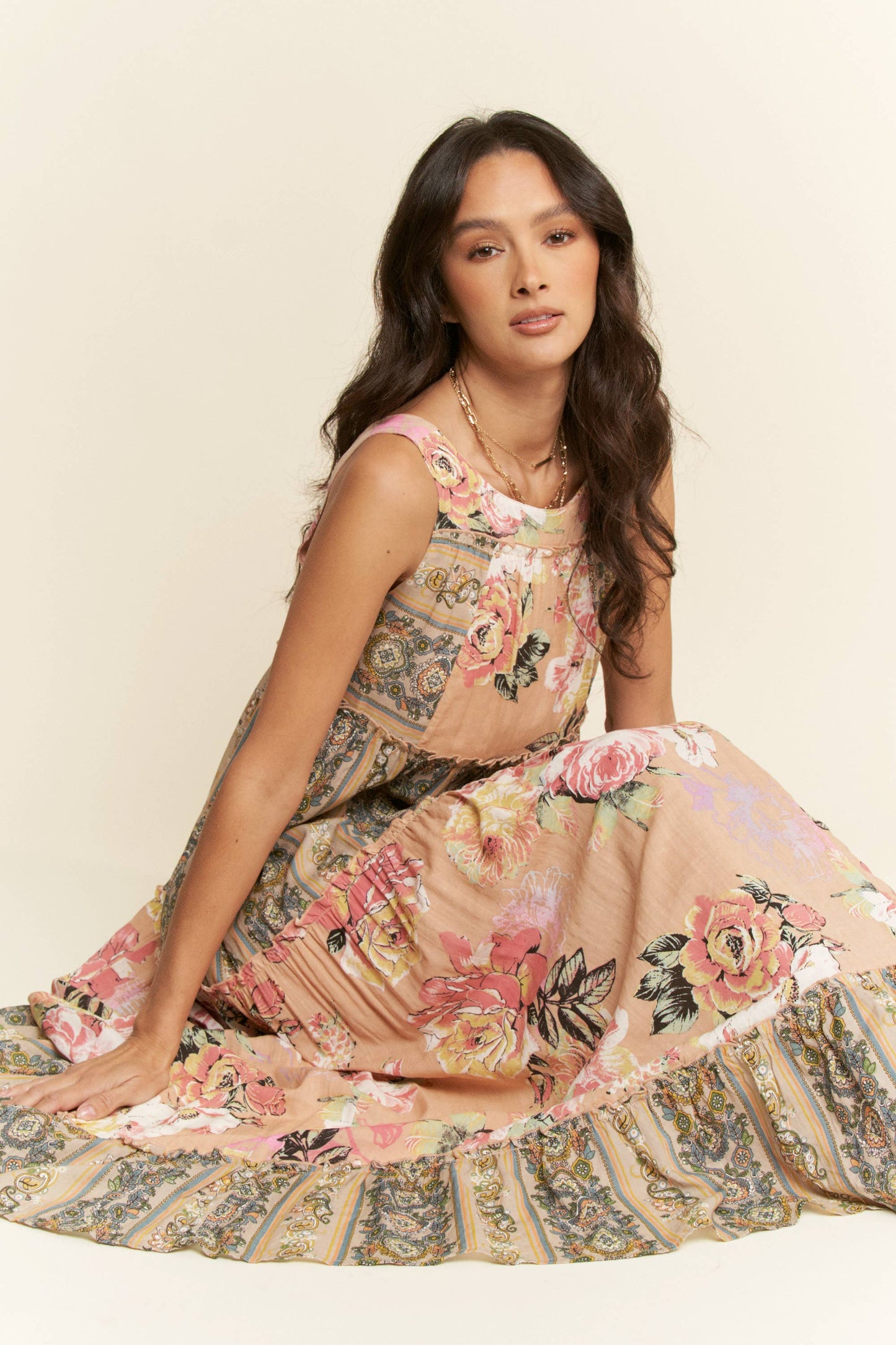 FLORAL BOHO STRIPE MIXED FULL SKIRT MIXI DRESS