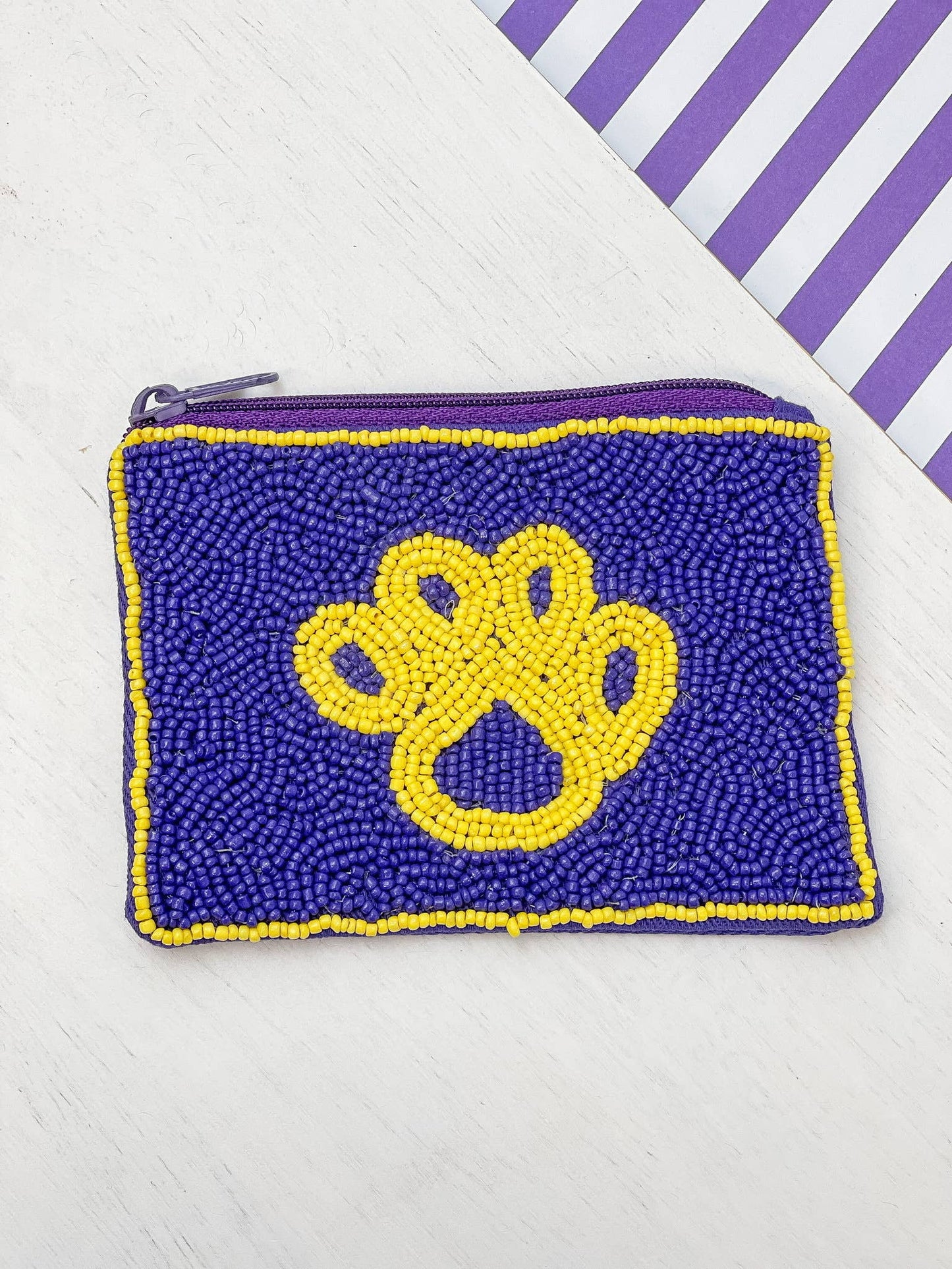 Paw Print Beaded Zip Pouches - Purple & Yellow