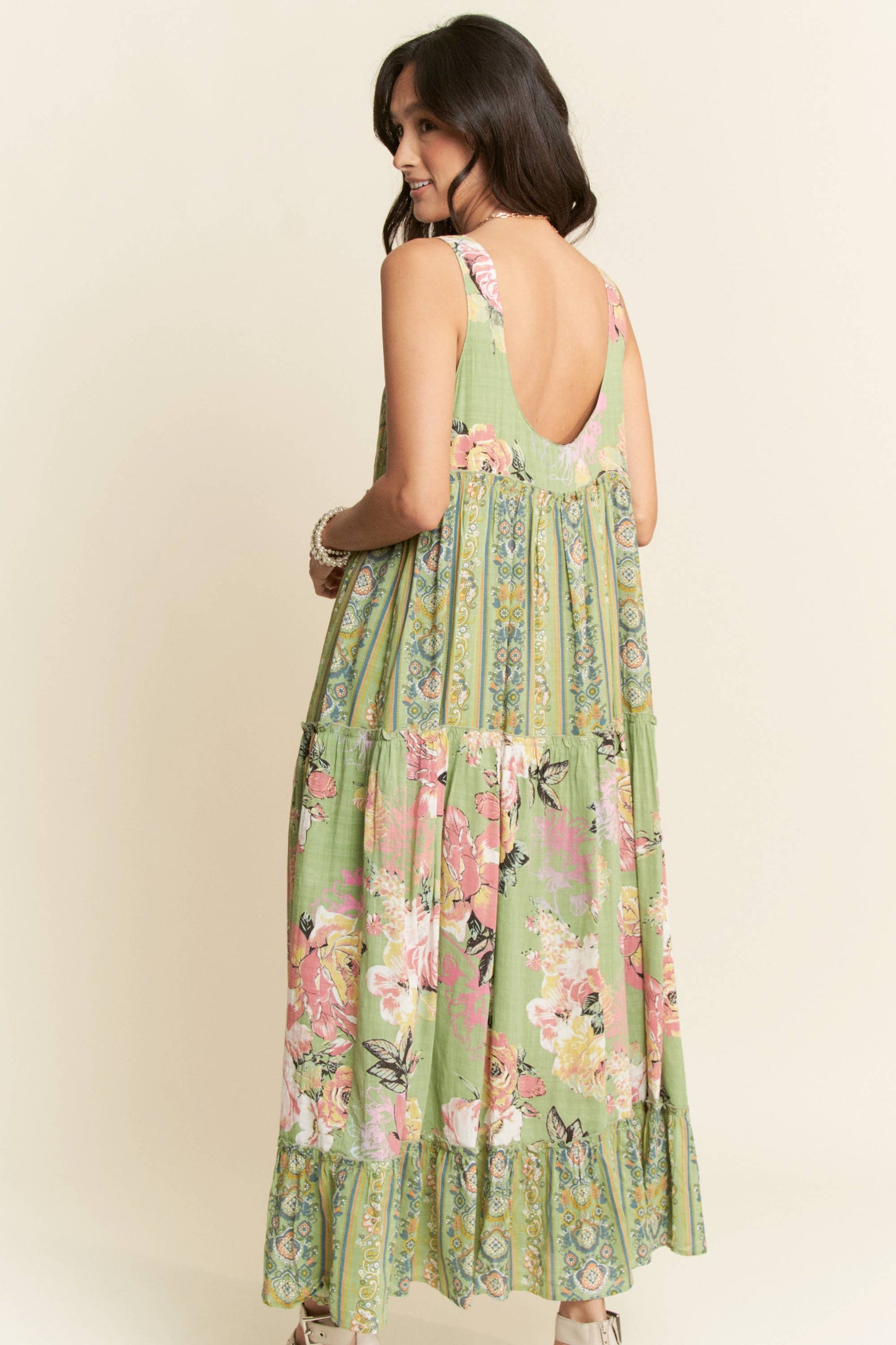 FLORAL BOHO STRIPE MIXED FULL SKIRT MIXI DRESS