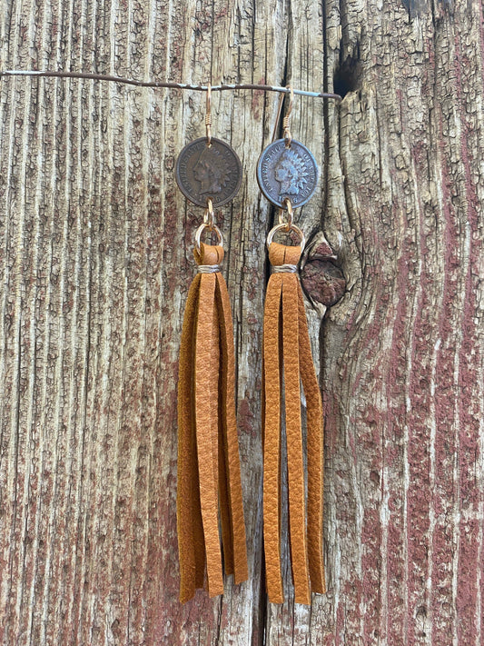 Indian Head Penny w/Leather Tassel Earring