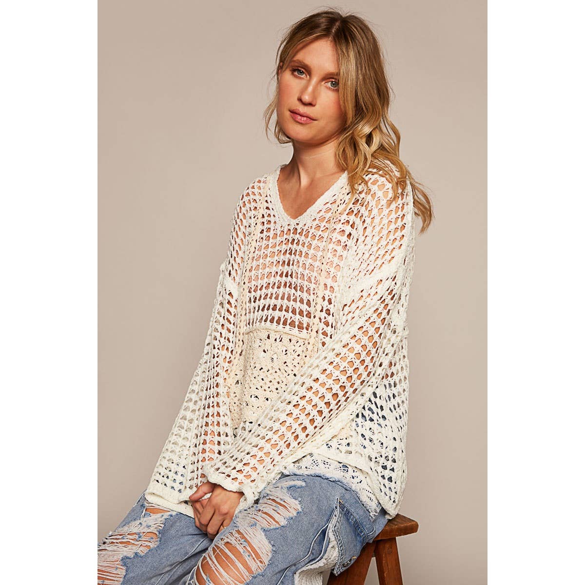 V-neck long sleeve crochet front pockets hoodie sweater