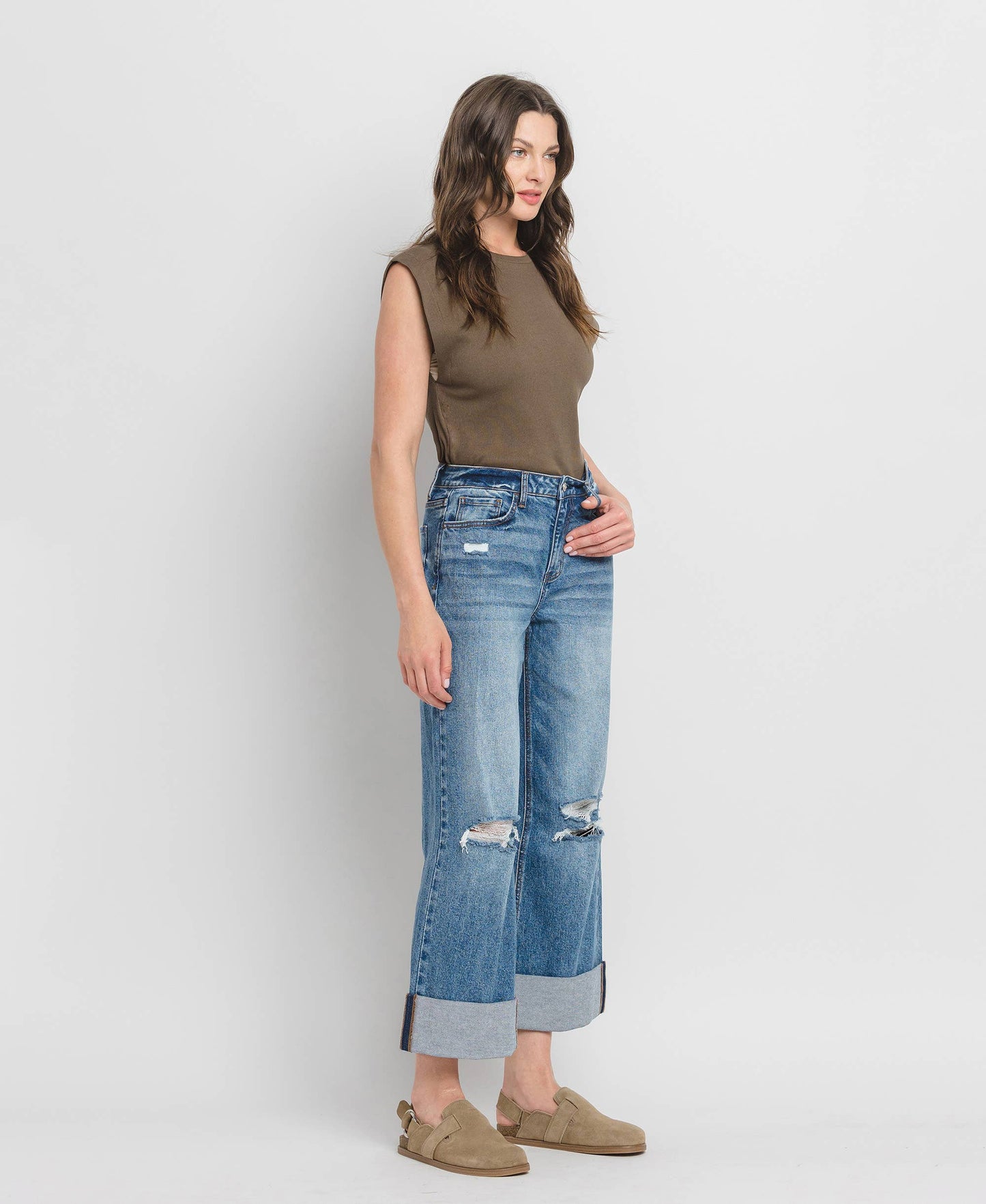 SUPER HIGH RISE DOUBLE CUFFED BAGGY WIDE JEANS LV1459