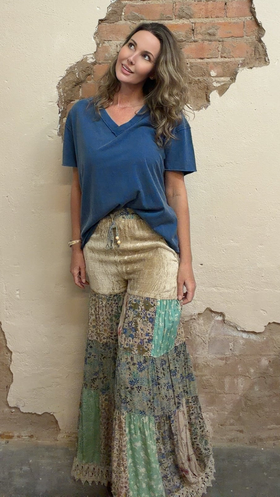 Boho Tiered Patchwork Flare Pant Velvet Drawstring Waist NEW