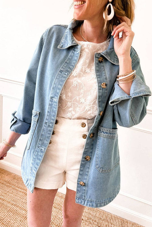 Denim Button Front Pocketed Jacket