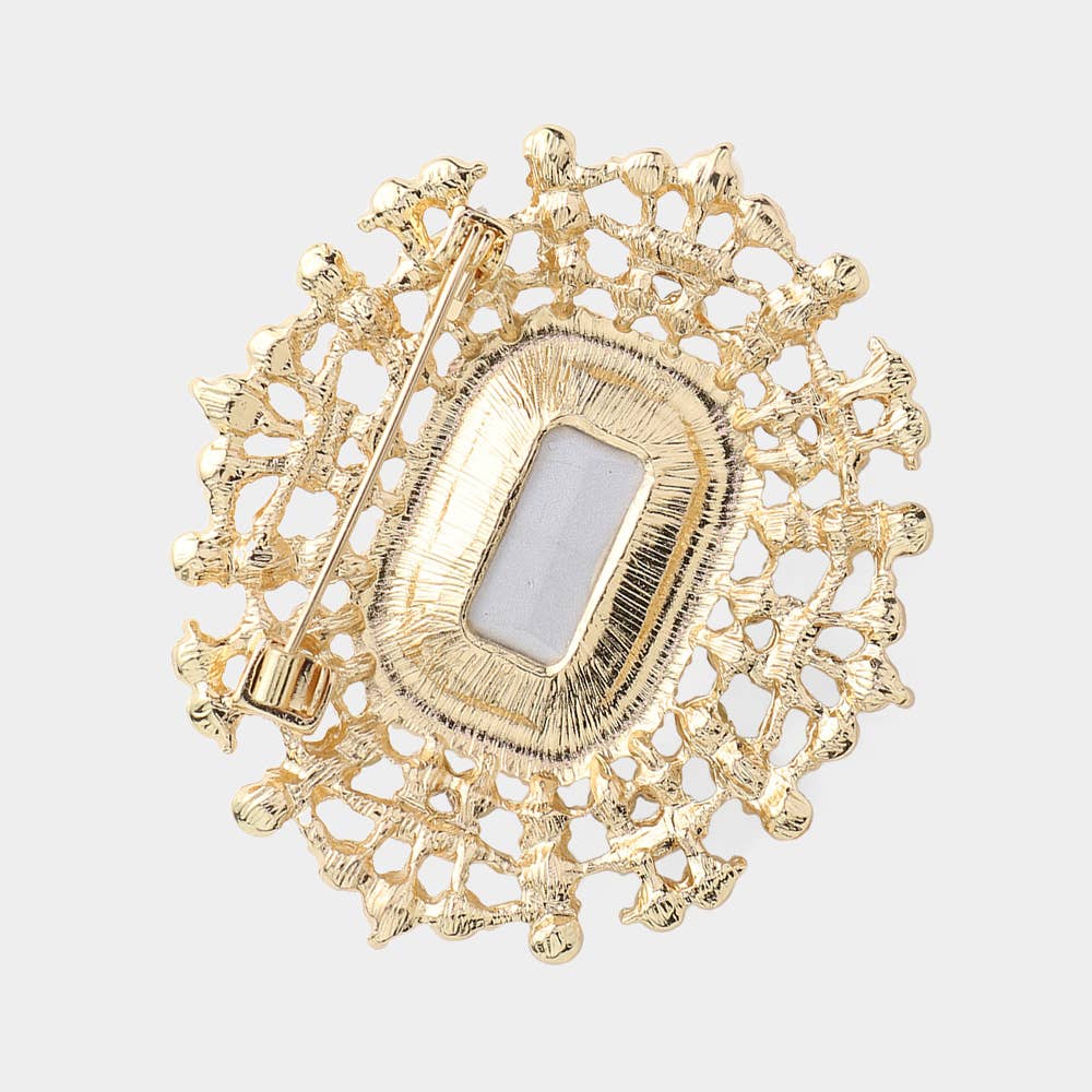 Rectangle Glass Stone Pointed Pearl Embellished Pin Brooch