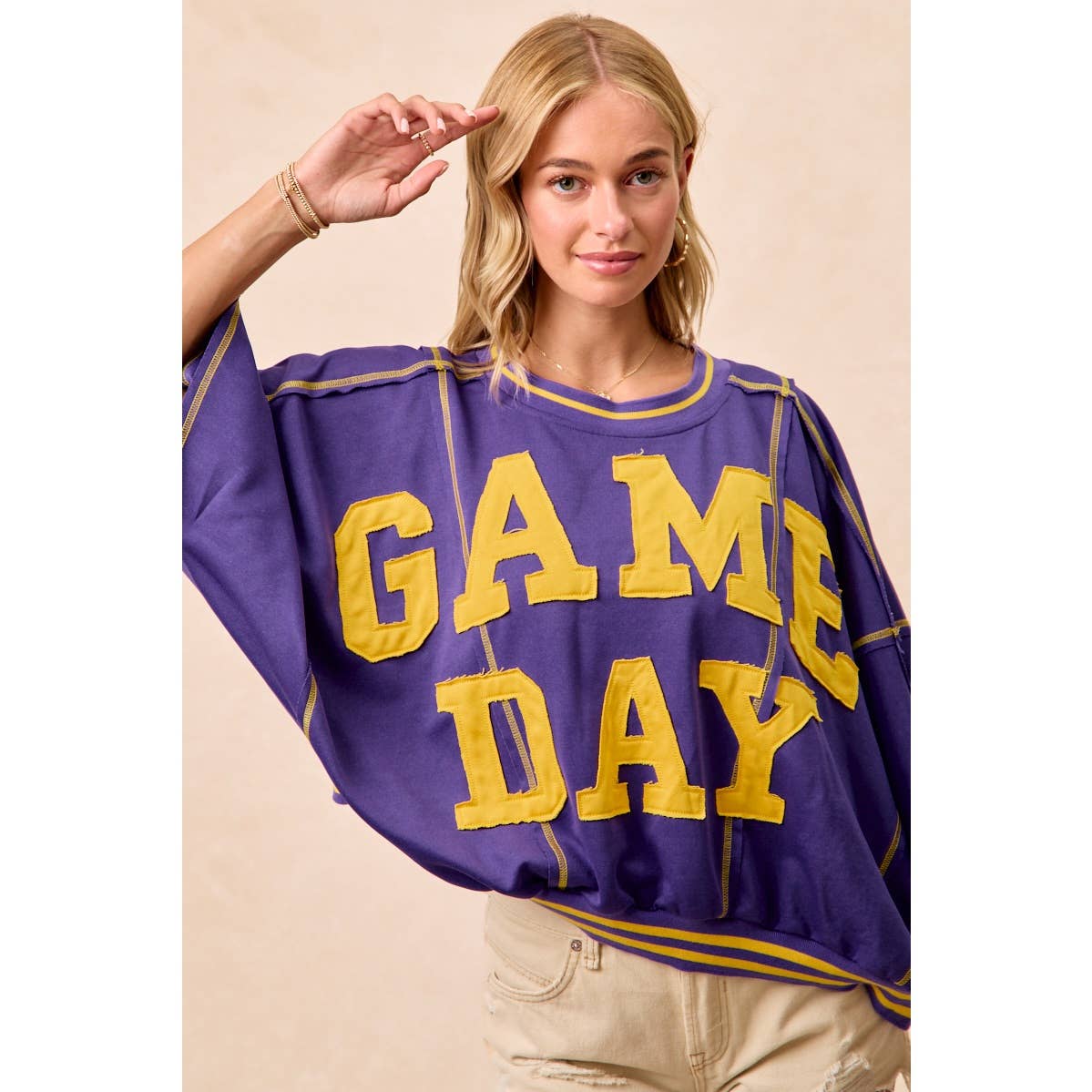 GAMEDAY PATCHWORK STITCH DETAIL FRENCH TERRY TOP