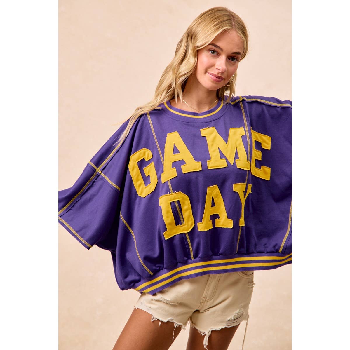 GAMEDAY PATCHWORK STITCH DETAIL FRENCH TERRY TOP