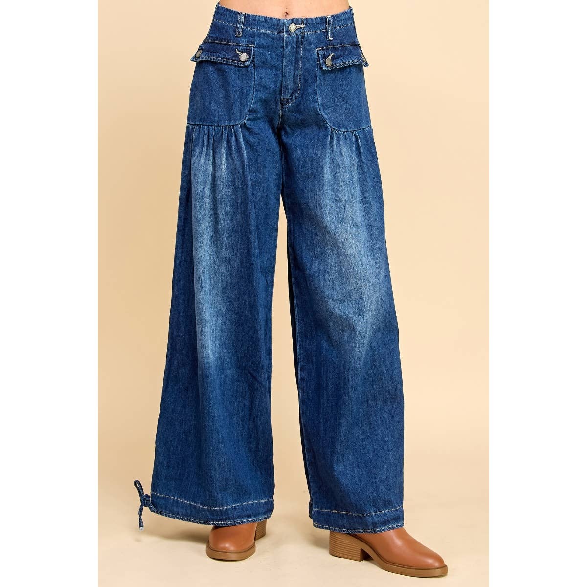 Ankle Drawstring Wide Denim Pants