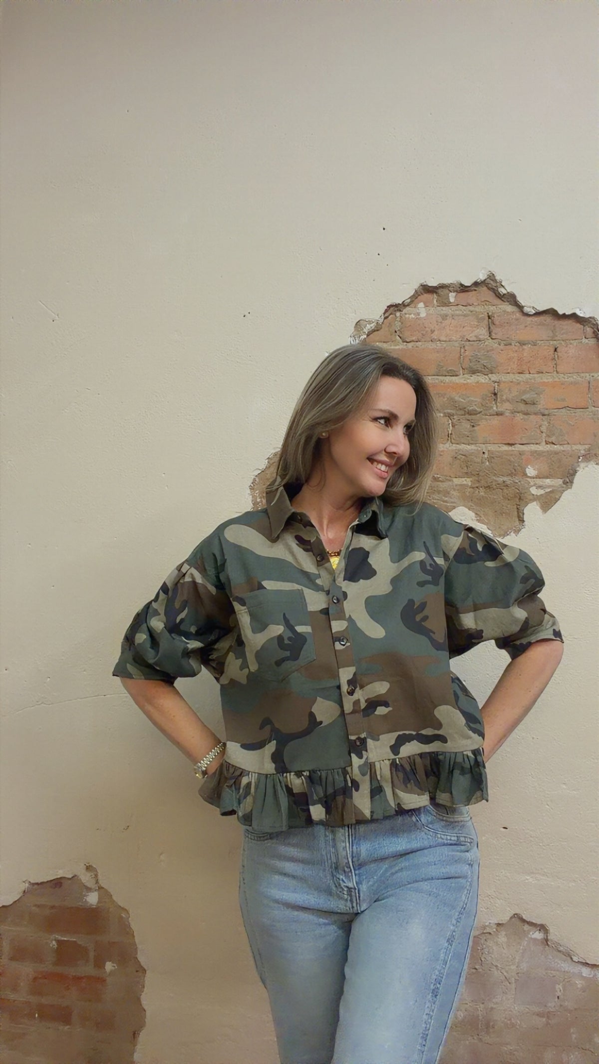 CAMO PRINTED RUFFLED HEM BUTTON DOWN BLOUSE