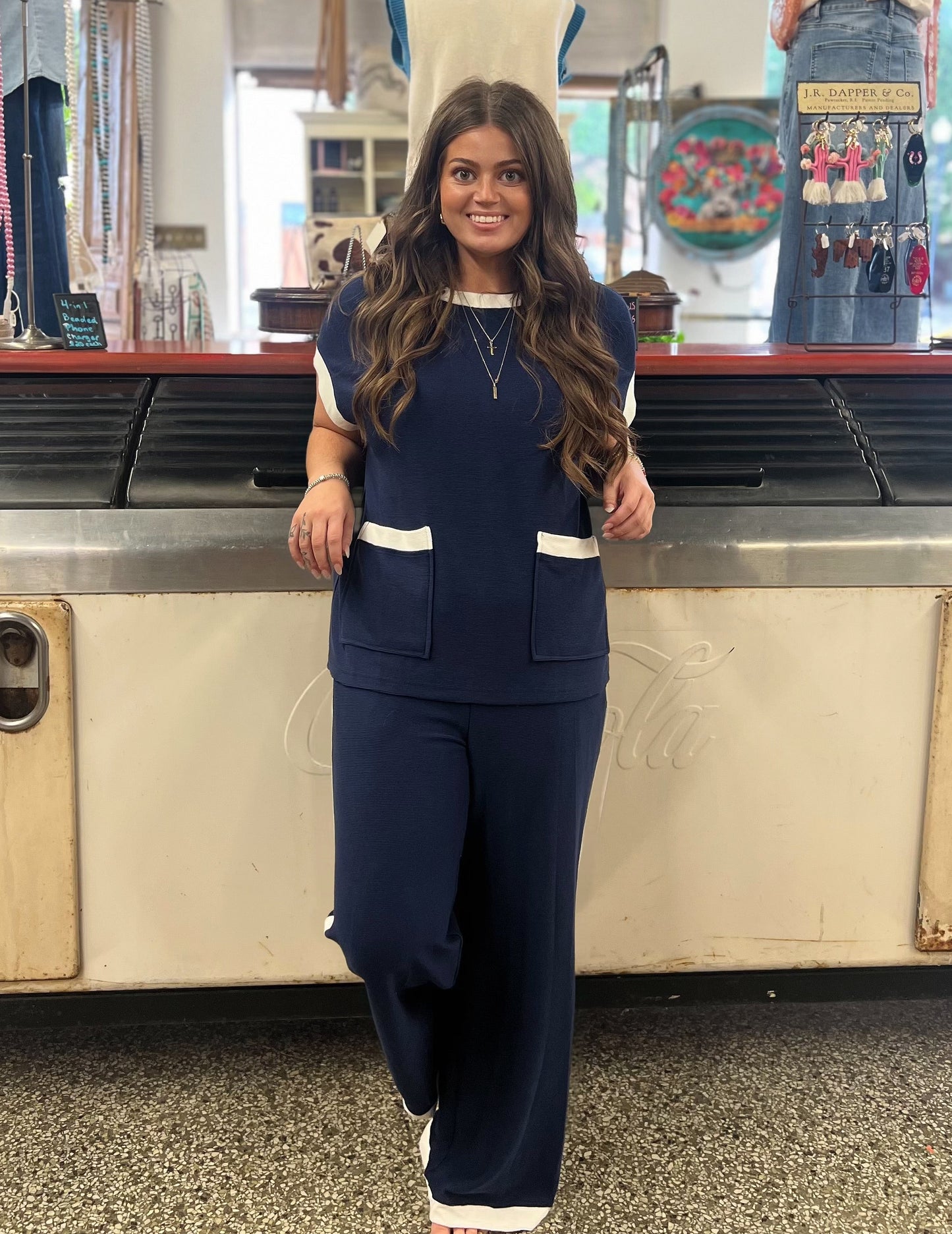 Blue Color Block Pocketed T Shirt and Wide Leg Pants Set
