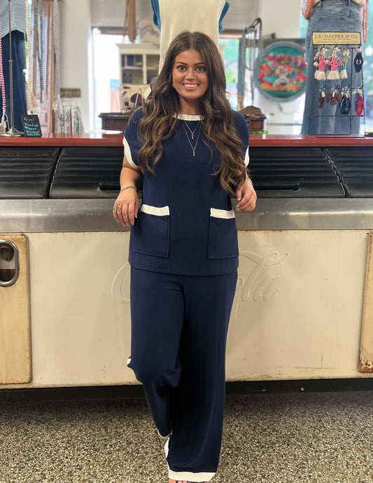 Blue Color Block Pocketed T Shirt and Wide Leg Pants Set