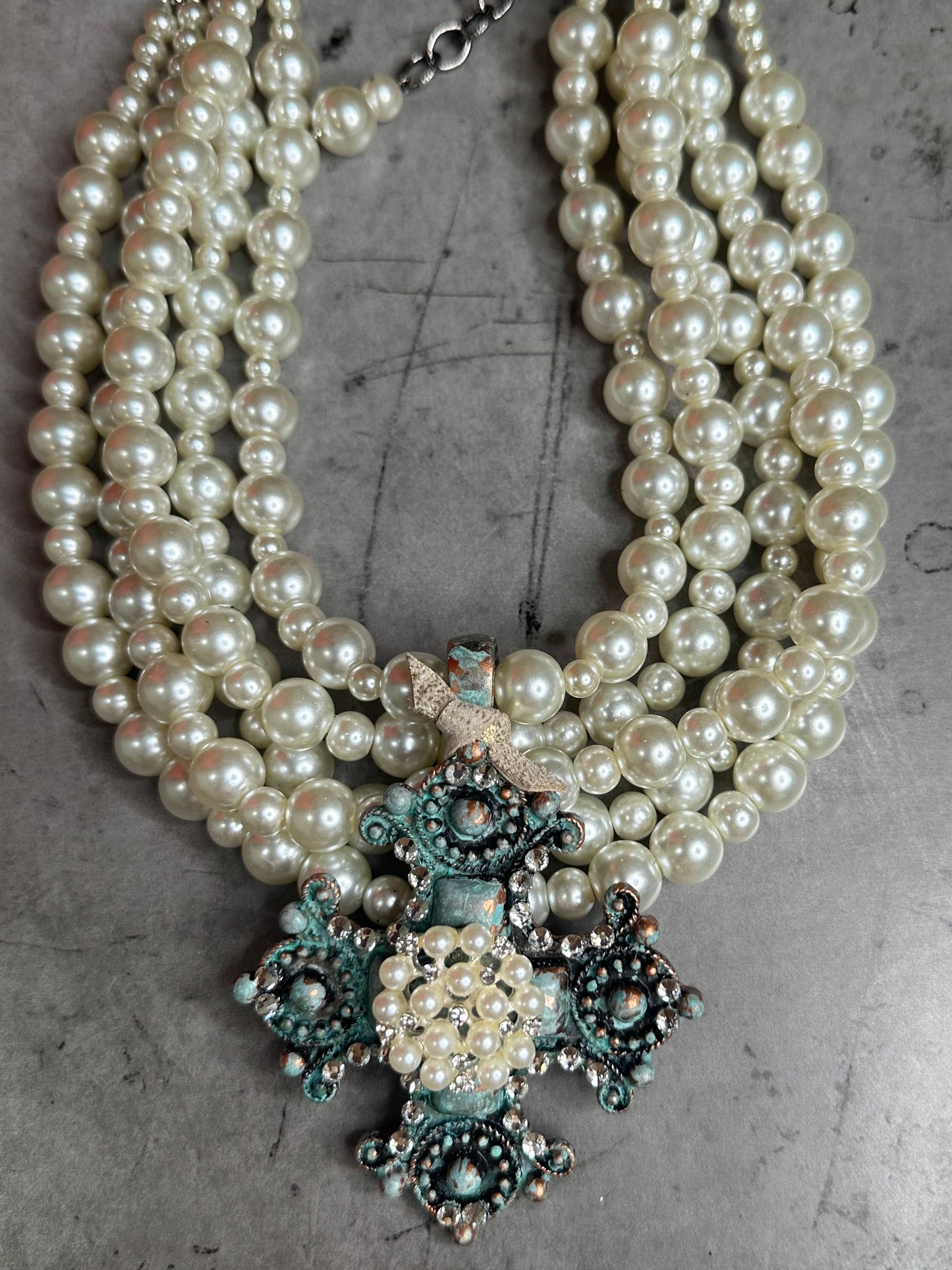 5 Strand Pearl Turquoise Cross Necklace