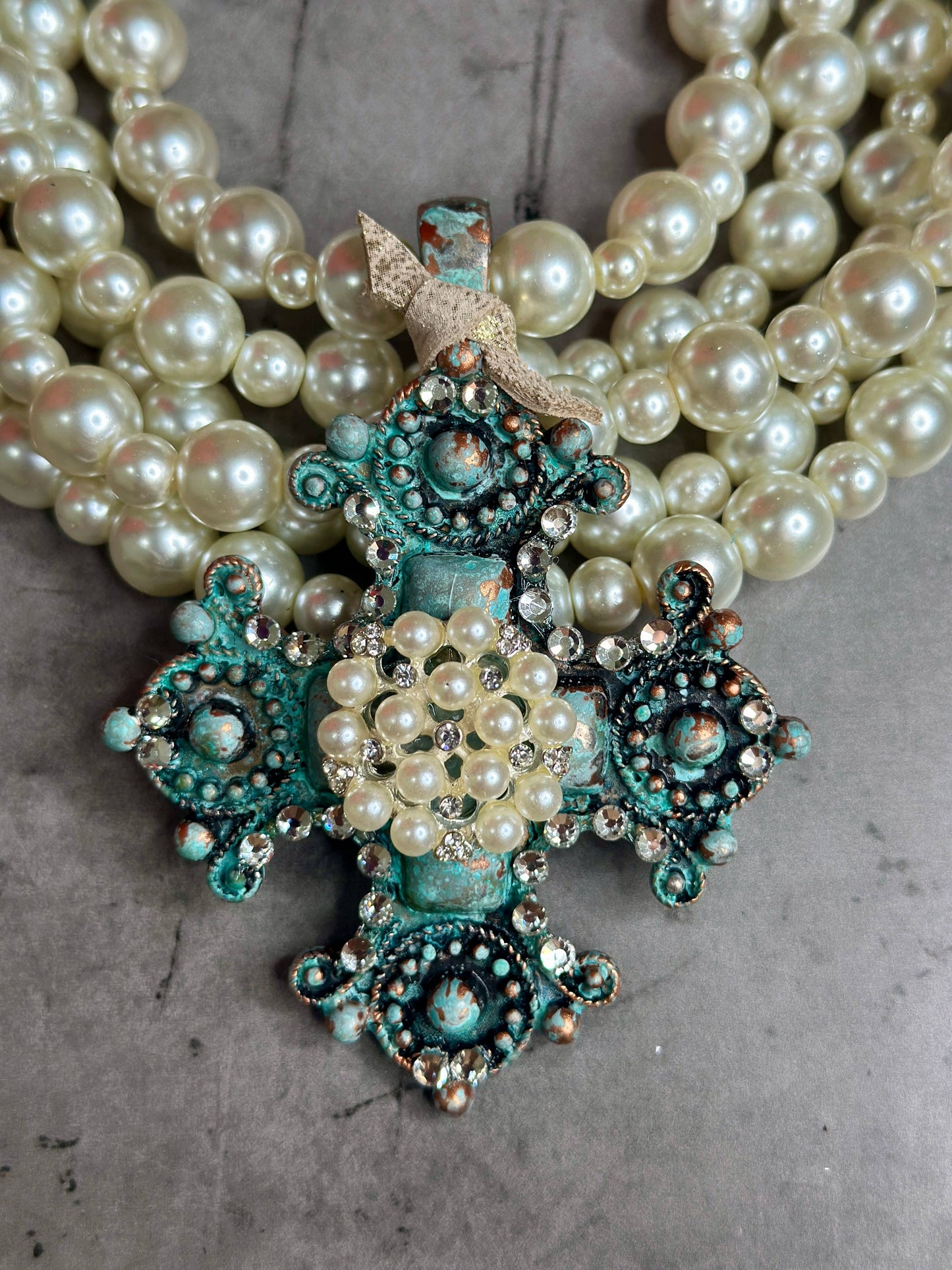 5 Strand Pearl Turquoise Cross Necklace