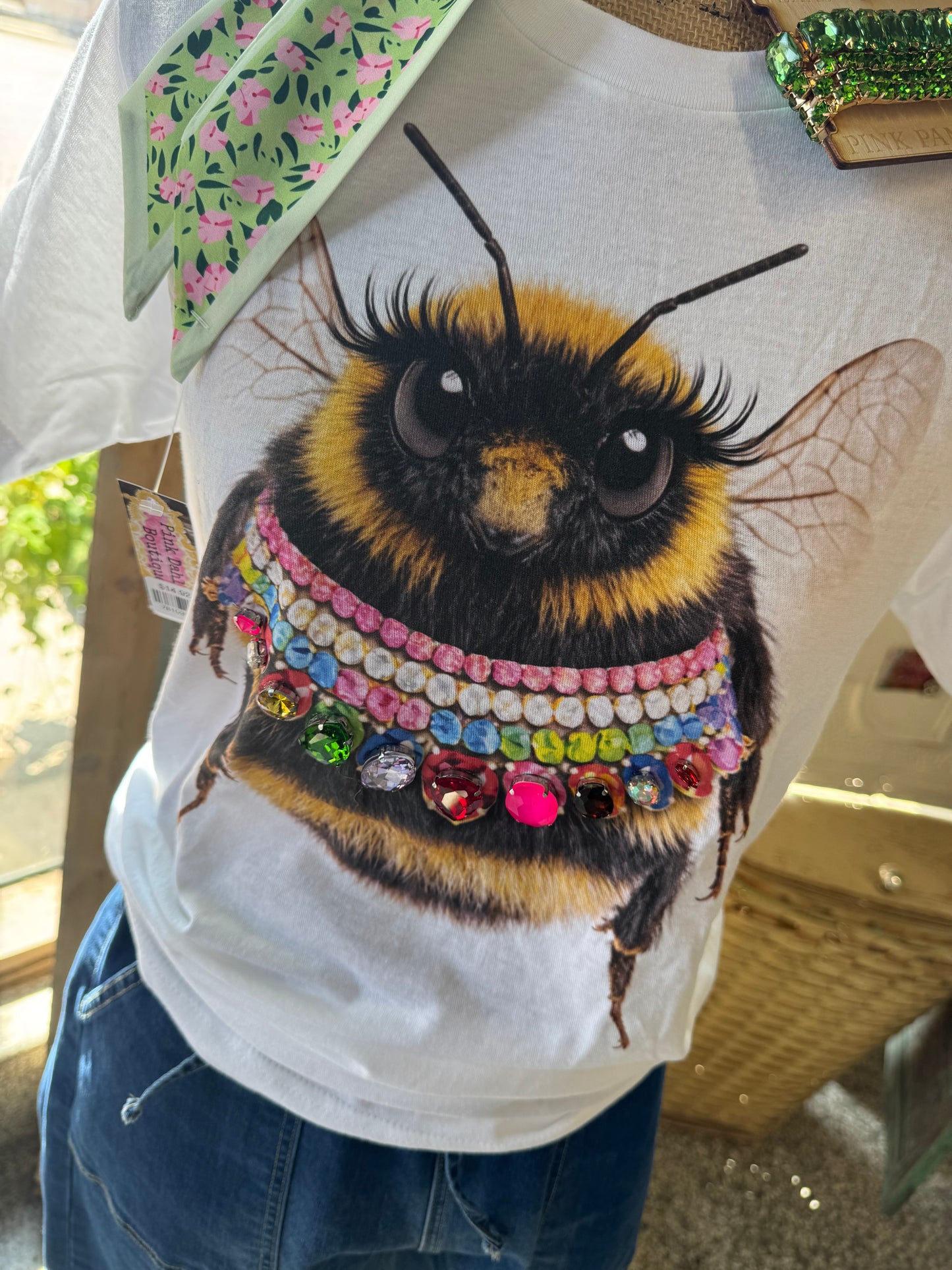 Jeweled Collar Bee on White Or Natural Crew