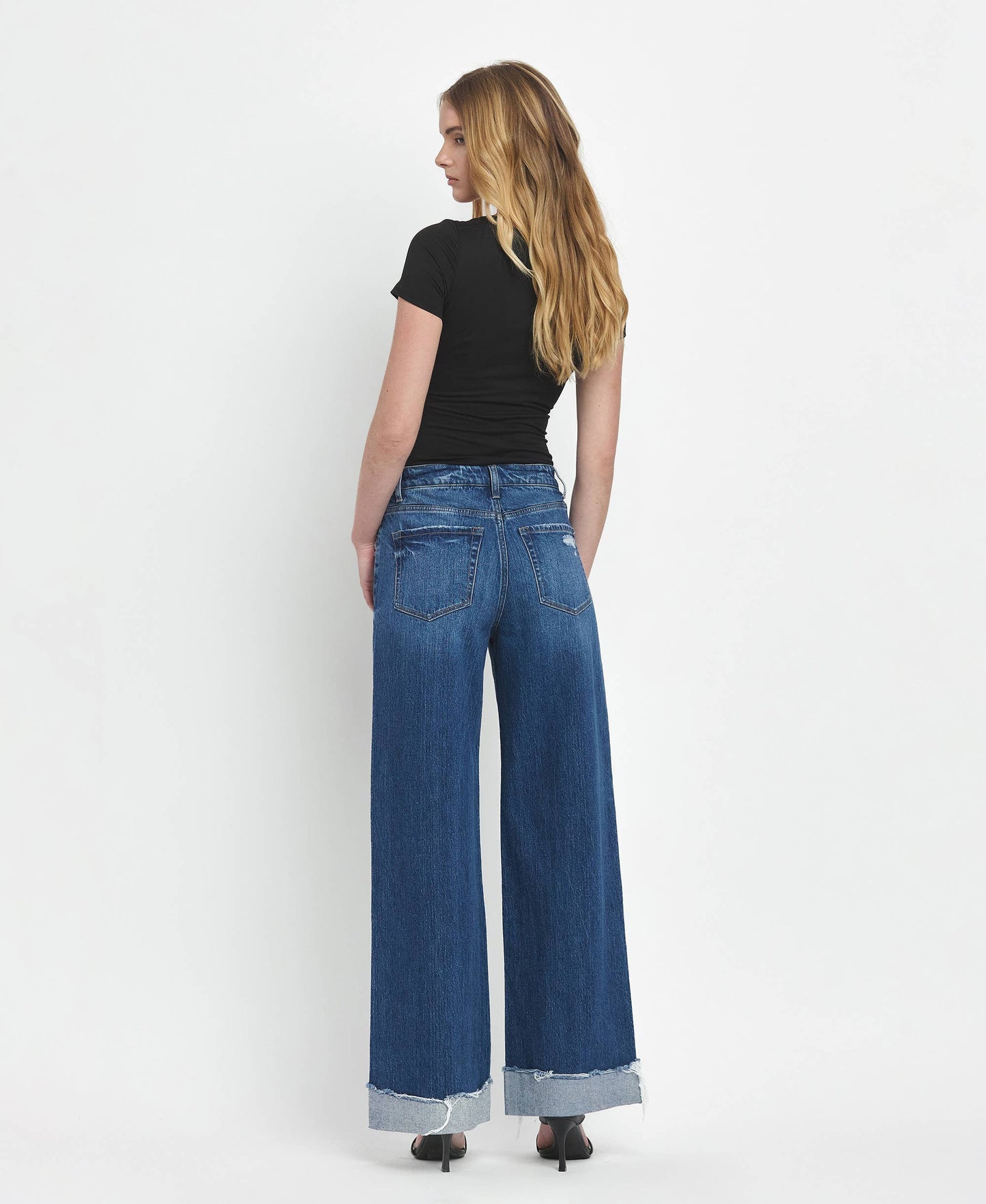 SUPER HIGH RISE CUFFED BAGGY WIDE JEANS T6614