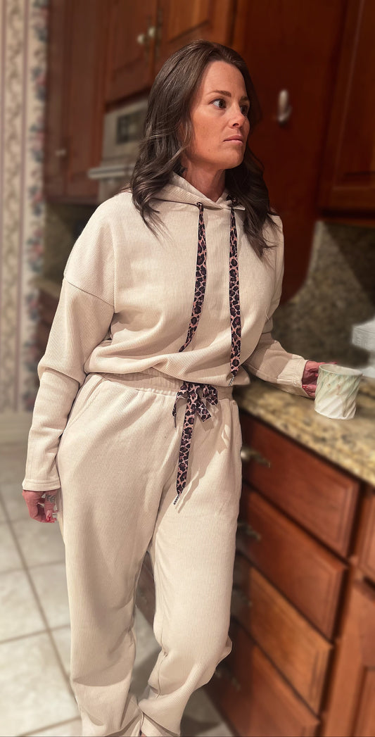 Drawstring Pullover Hoodie and High Waist Pants Corduroy Set Parchment color