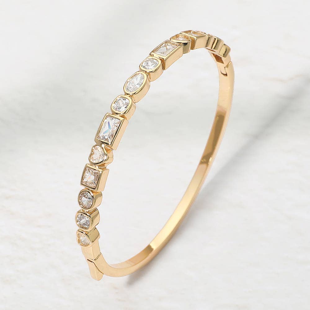14K Gold Plated Mixed Shaped CZ Bezel Around Hinged Bangle Bracelet