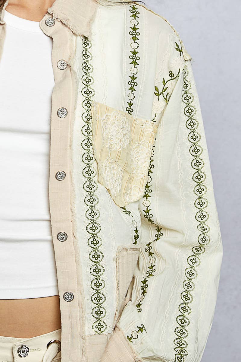 Long Sleeve Embroidered Woven Stripe Contrast Shirt Top